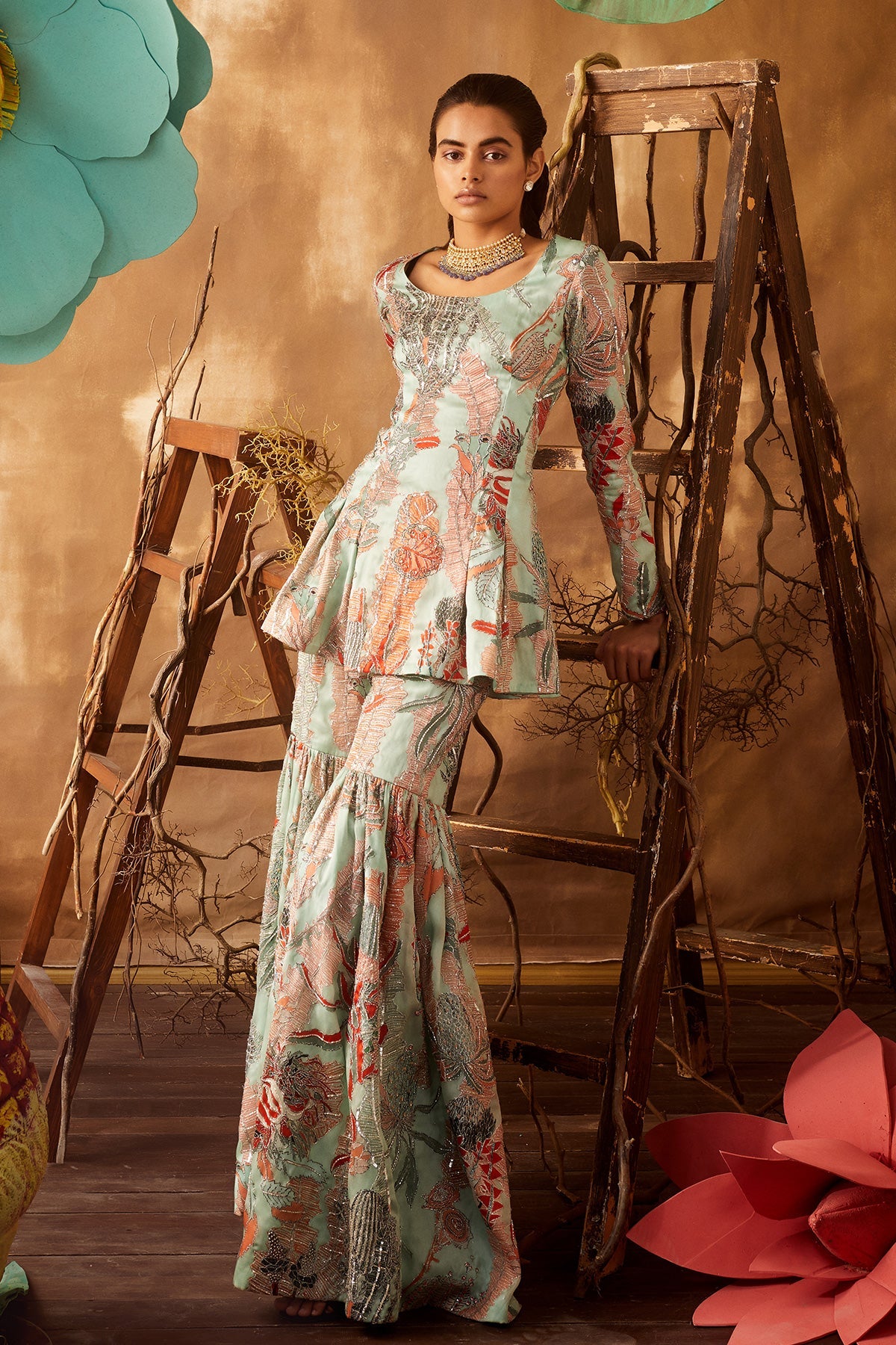 LOBELIA - Powder Blue Pastiche Organza Printed And Embellished Sharara Set With Dupatta
