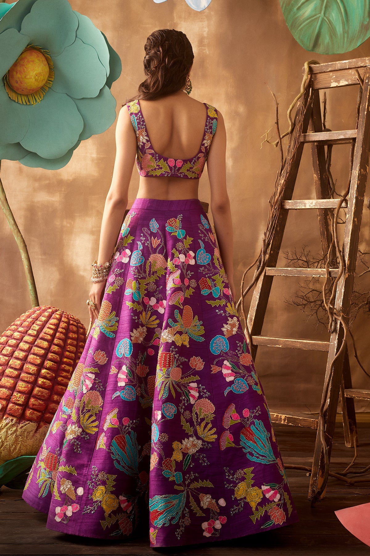 IRIS - Purple Pastiche Raw Silk Appliquéd And Embellished Lehenga With Blouse And Cutwork Dupatta