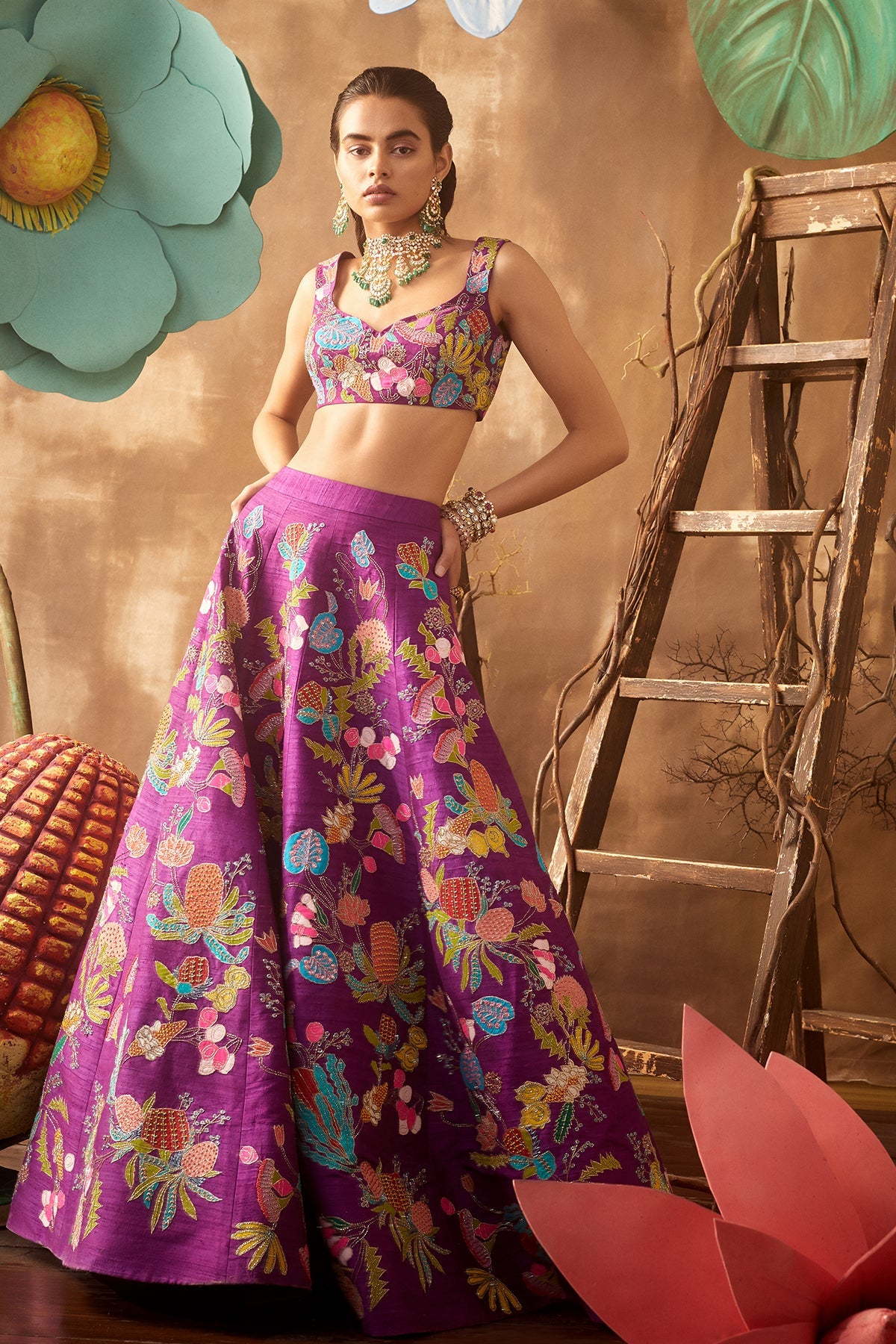IRIS - Purple Pastiche Raw Silk Appliquéd And Embellished Lehenga With Blouse And Cutwork Dupatta