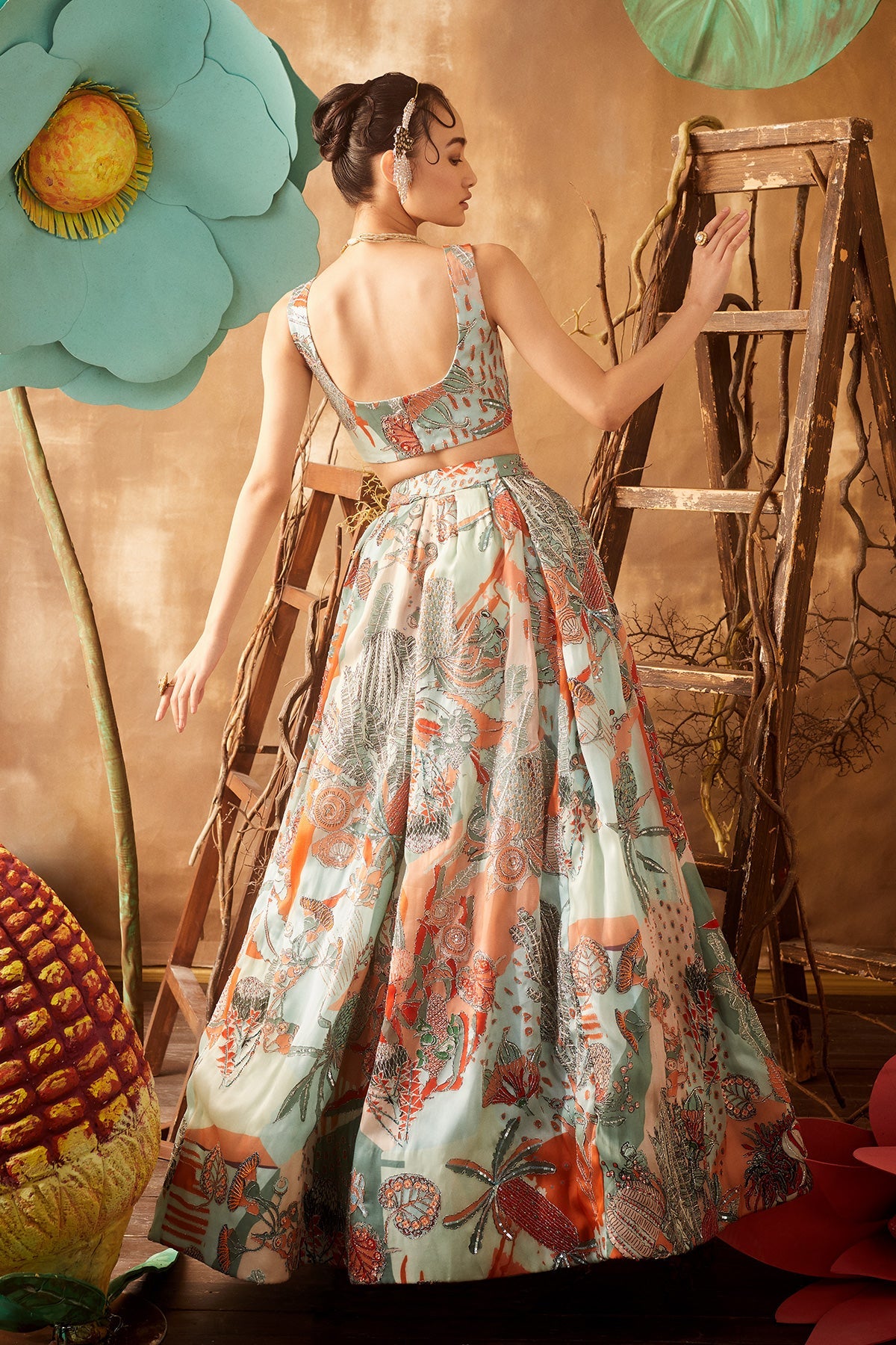 HYDRANGEA - Powder Blue Pastiche Organza Printed And Embellished Top And Skirt With Cutwork Dupatta
