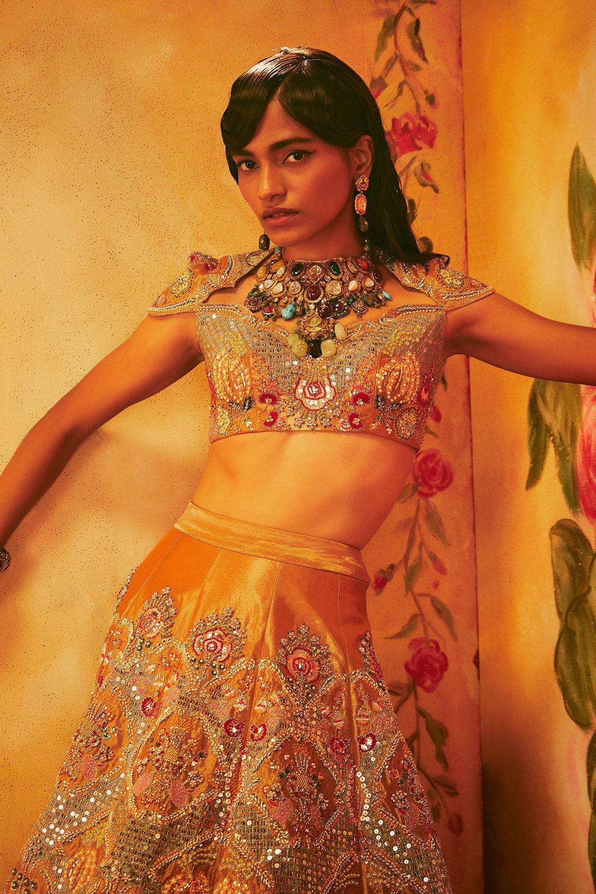 MELINA - Copper Paper Dolls Tissue Appliquéd And Embellished Lehenga With Blouse And Cutwork Tissue Dupatta
