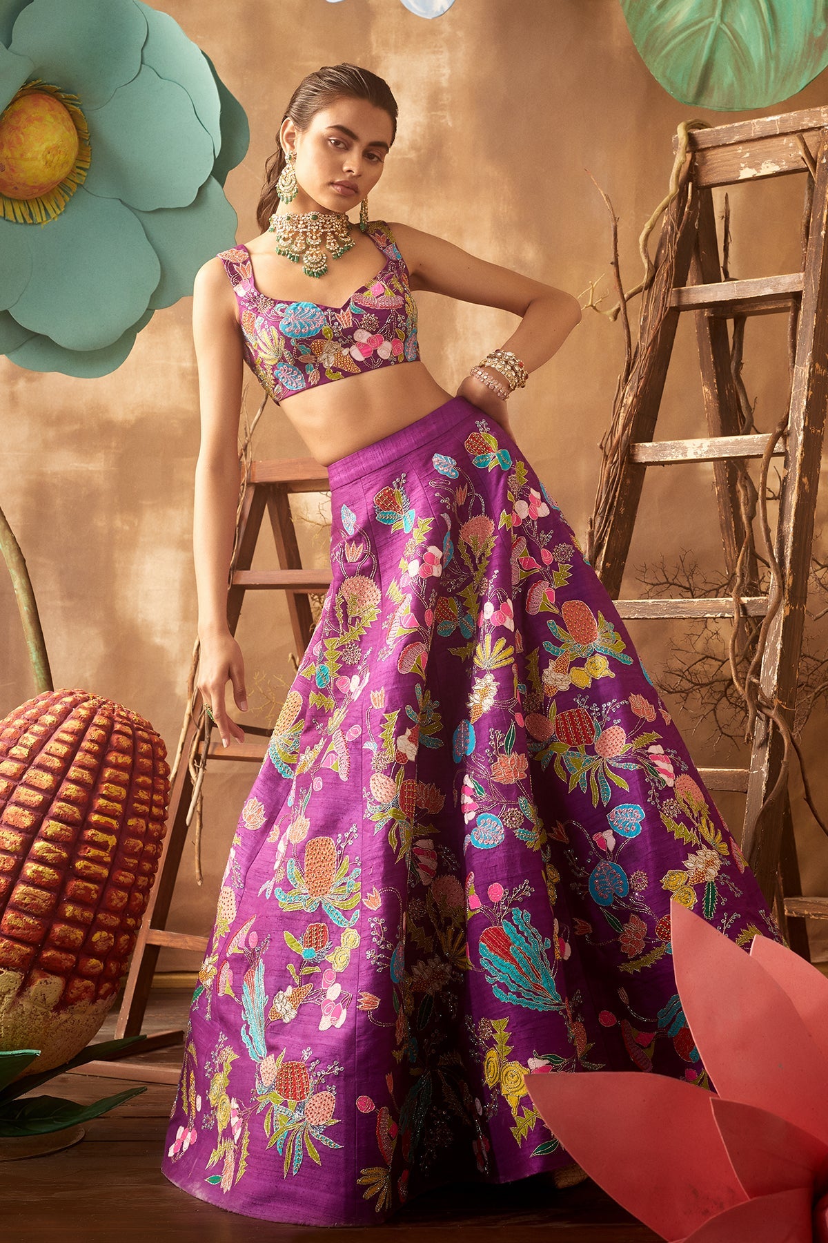 IRIS - Purple Pastiche Raw Silk Appliquéd And Embellished Lehenga With Blouse And Cutwork Dupatta