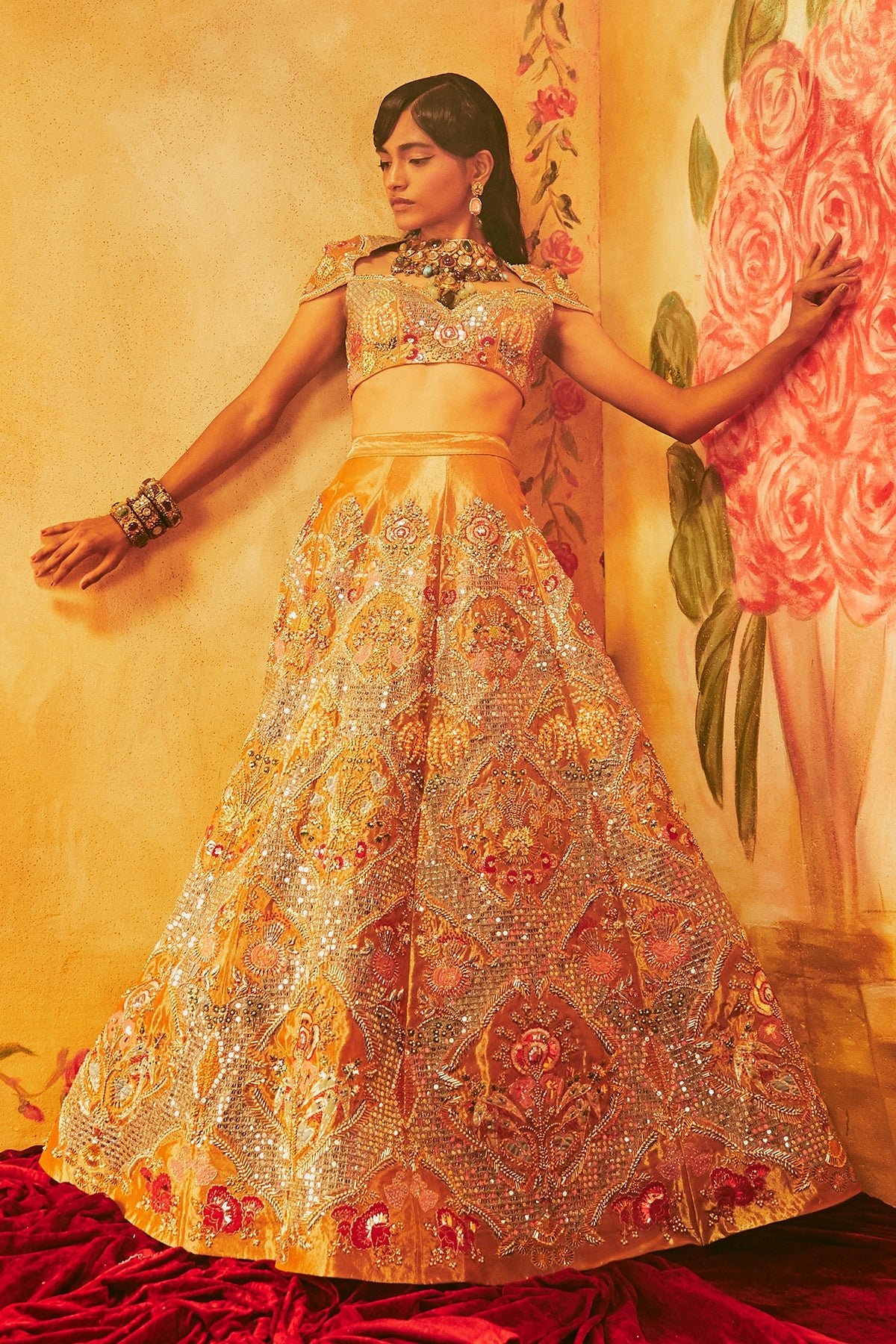 MELINA - Copper Paper Dolls Tissue Appliquéd And Embellished Lehenga With Blouse And Cutwork Tissue Dupatta