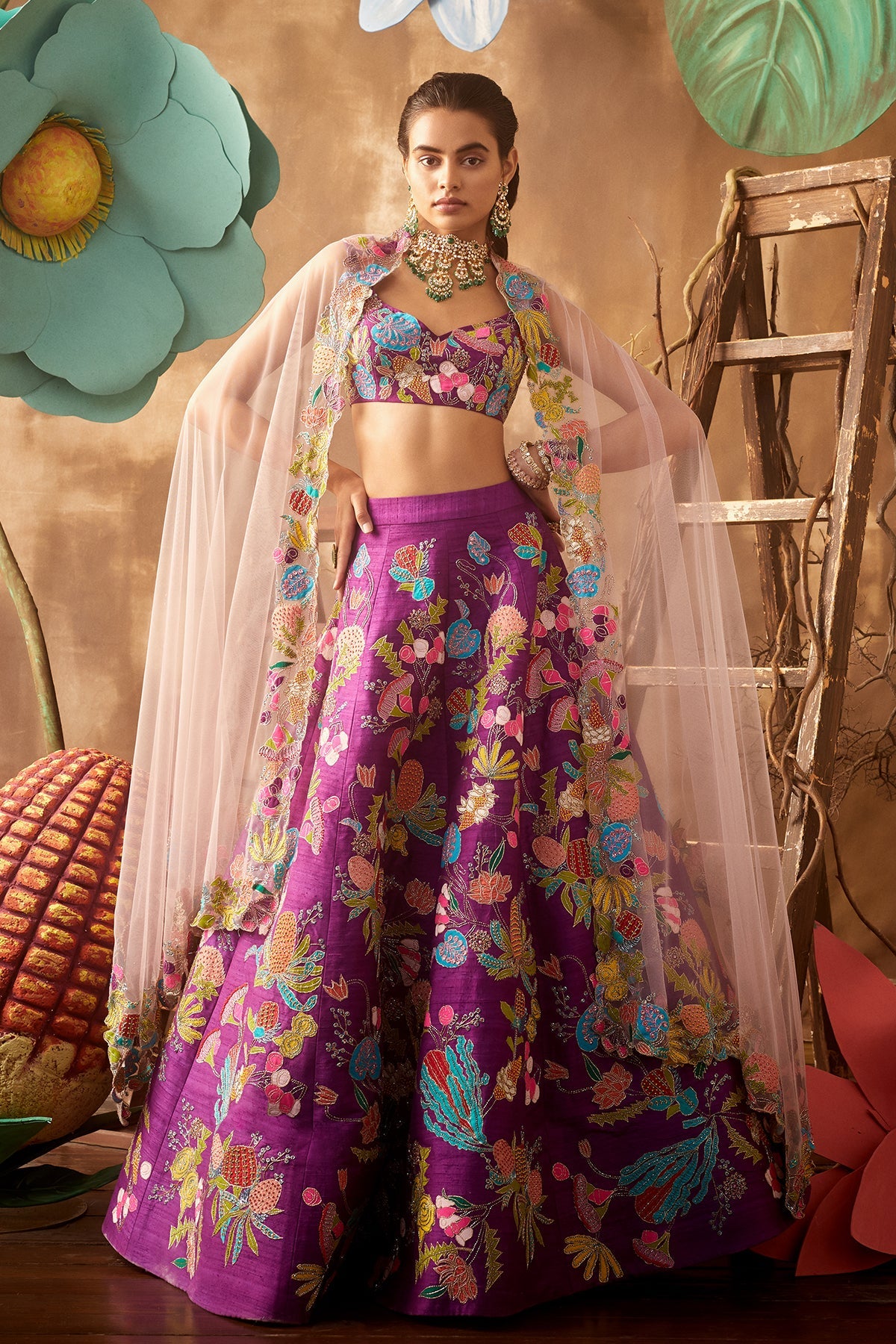 IRIS - Purple Pastiche Raw Silk Appliquéd And Embellished Lehenga With Blouse And Cutwork Dupatta