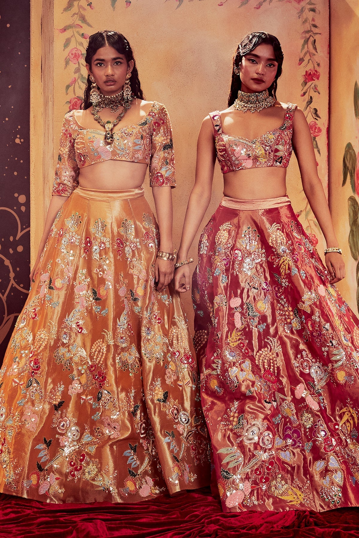 TOPAZ - Copper Paper Dolls Tissue Appliquéd And Embellished Lehenga With Blouse And Cutwork Tissue Dupatta