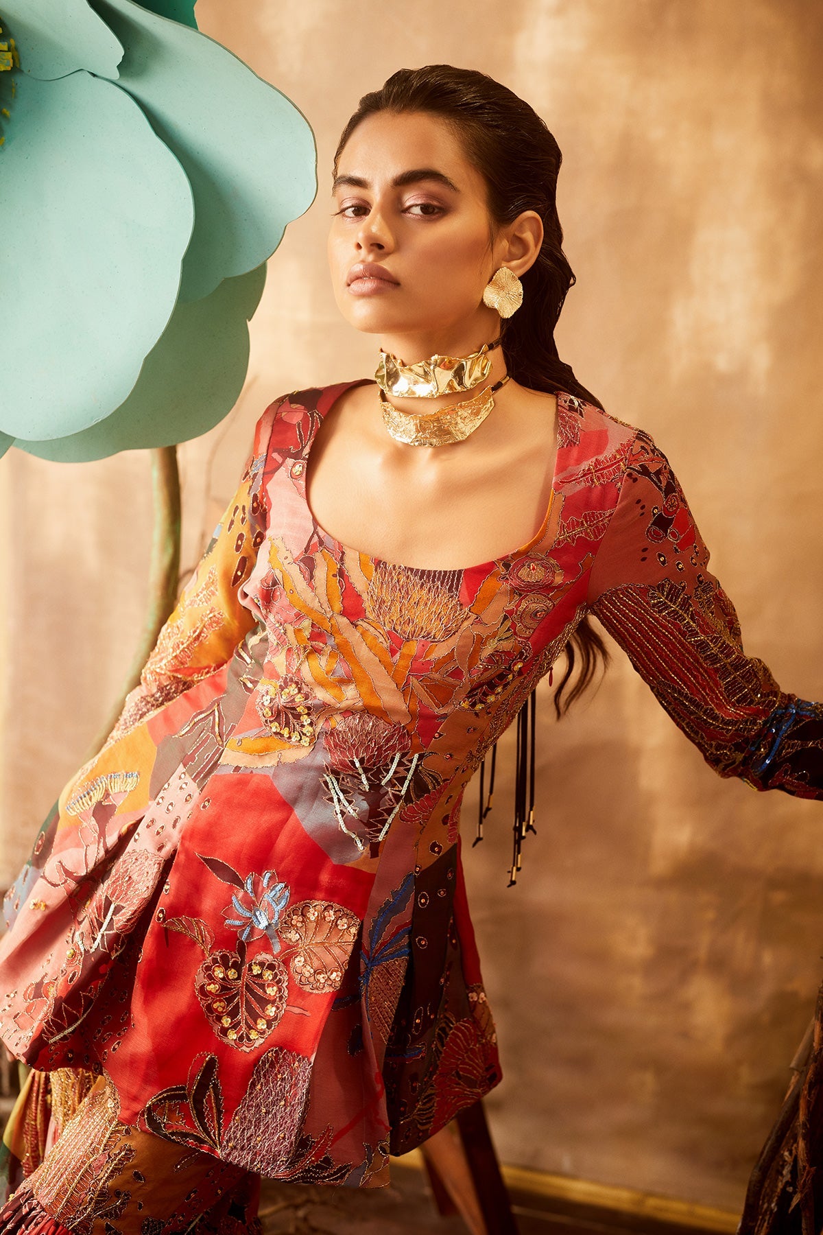 HIBISCUS - Fiery Red Pastiche Organza Printed And Embellished Sharara Set with Cutwork Dupatta