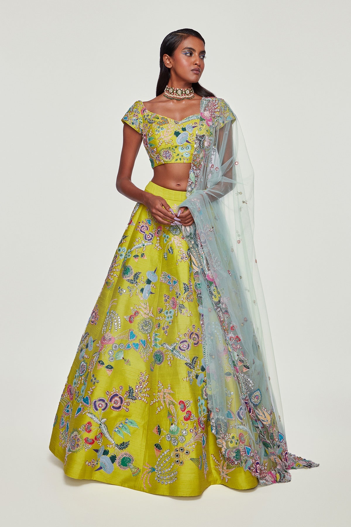 AURORA - Lime Paper Dolls Raw Silk Appliquéd And Embellished Lehenga With Blouse And Cutwork Tulle Dupatta