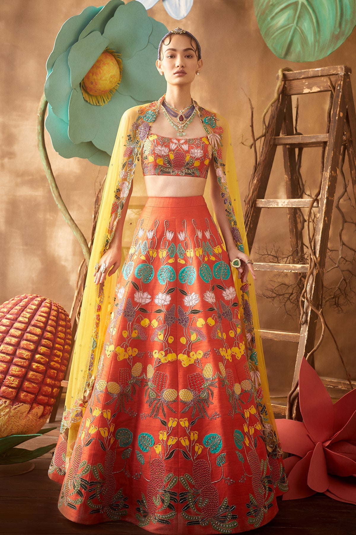 POPPY - Orange Pastiche Raw Silk Appliquéd And Embellished Lehenga With Blouse And Cutwork Dupatta