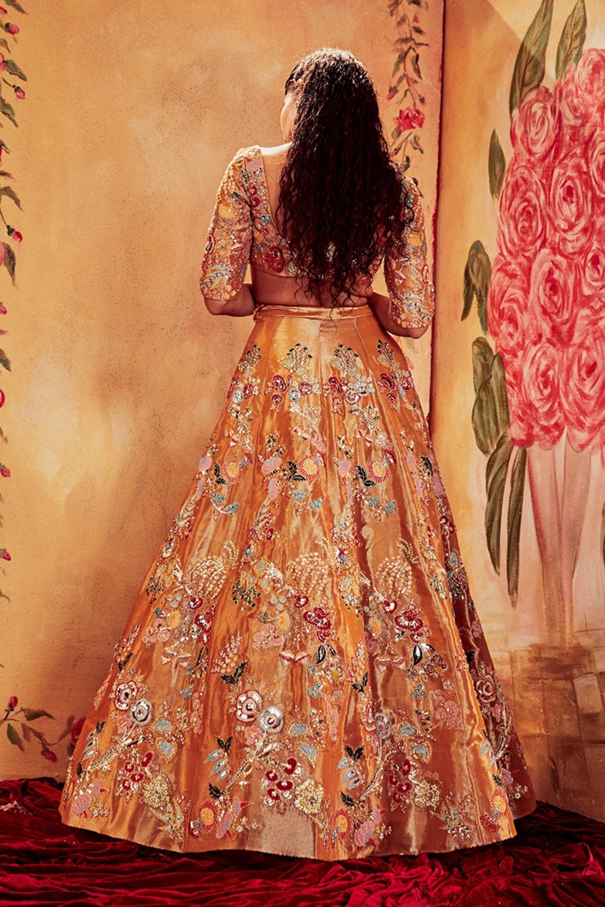 TOPAZ - Copper Paper Dolls Tissue Appliquéd And Embellished Lehenga With Blouse And Cutwork Tissue Dupatta