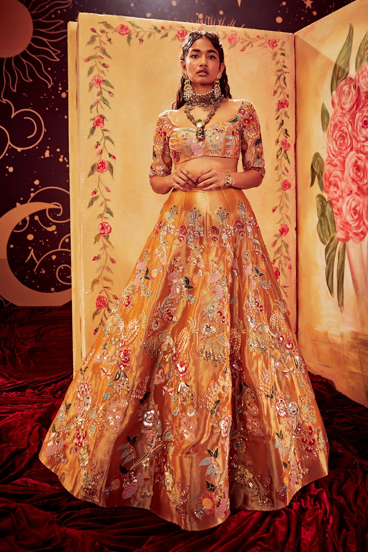 TOPAZ - Copper Paper Dolls Tissue Appliquéd And Embellished Lehenga With Blouse And Cutwork Tissue Dupatta