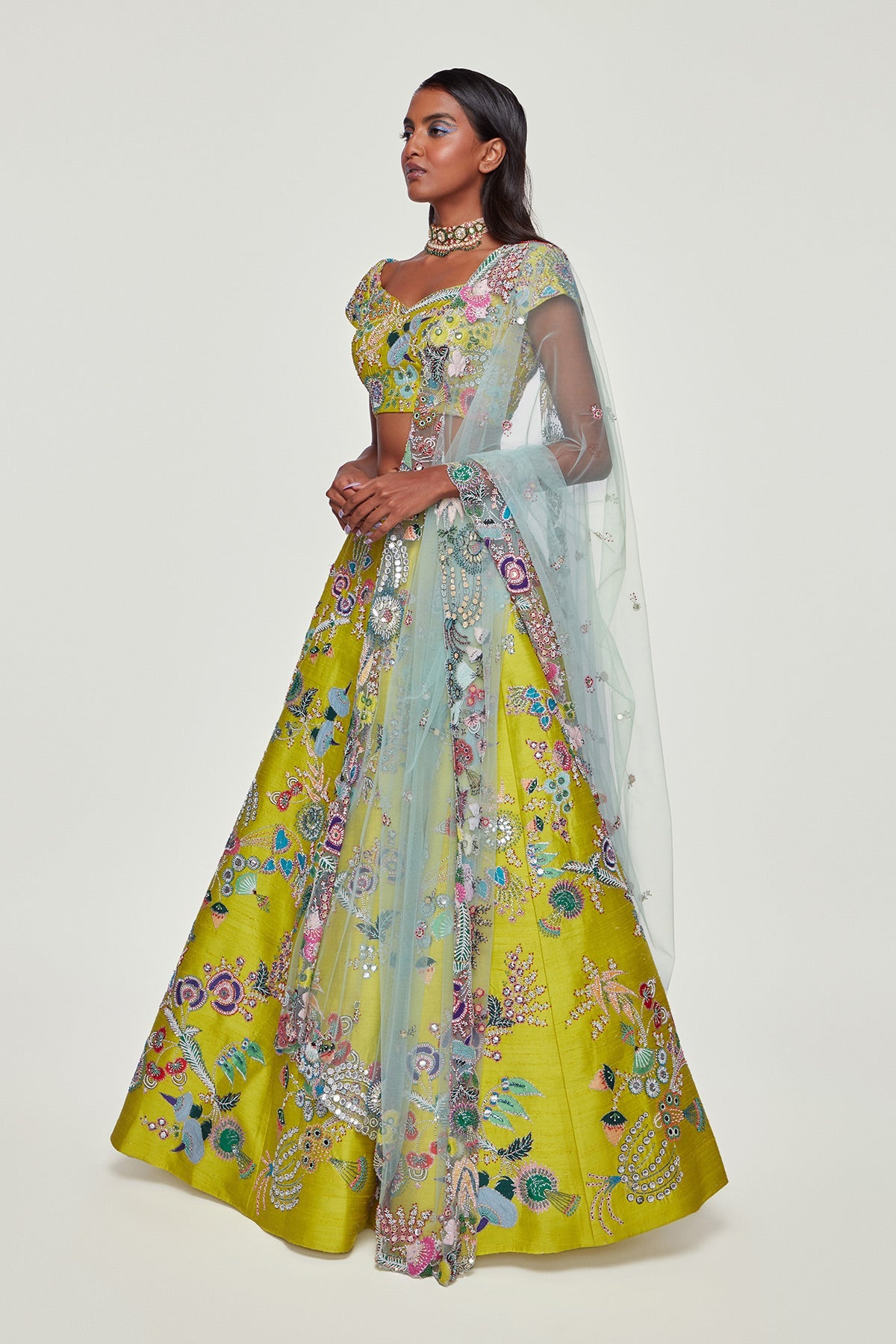 AURORA - Lime Paper Dolls Raw Silk Appliquéd And Embellished Lehenga With Blouse And Cutwork Tulle Dupatta