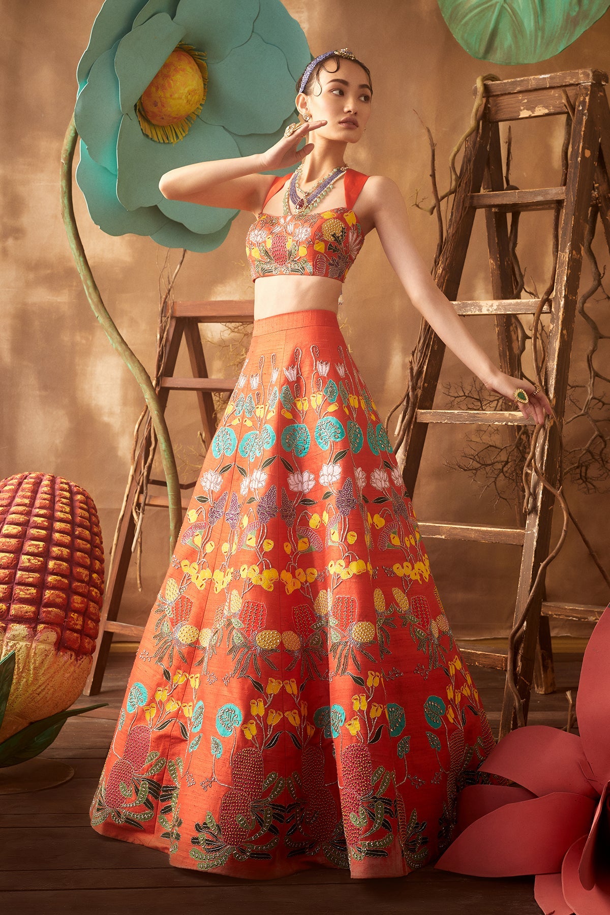 POPPY - Orange Pastiche Raw Silk Appliquéd And Embellished Lehenga With Blouse And Cutwork Dupatta