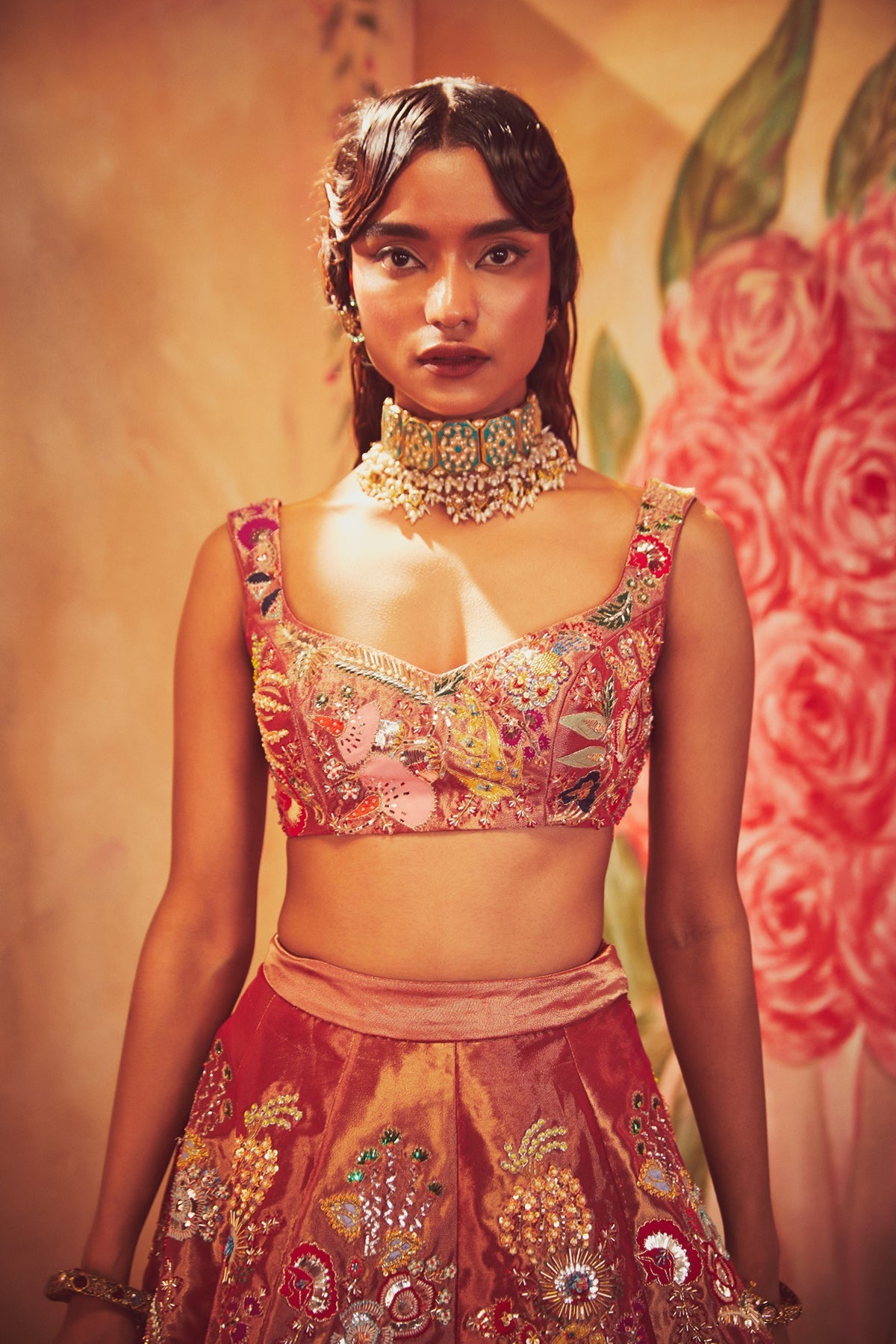 RUBY - Maroon Paper Dolls Tissue Appliquéd And Embellished Lehenga With Blouse And Cutwork Tissue Dupatta