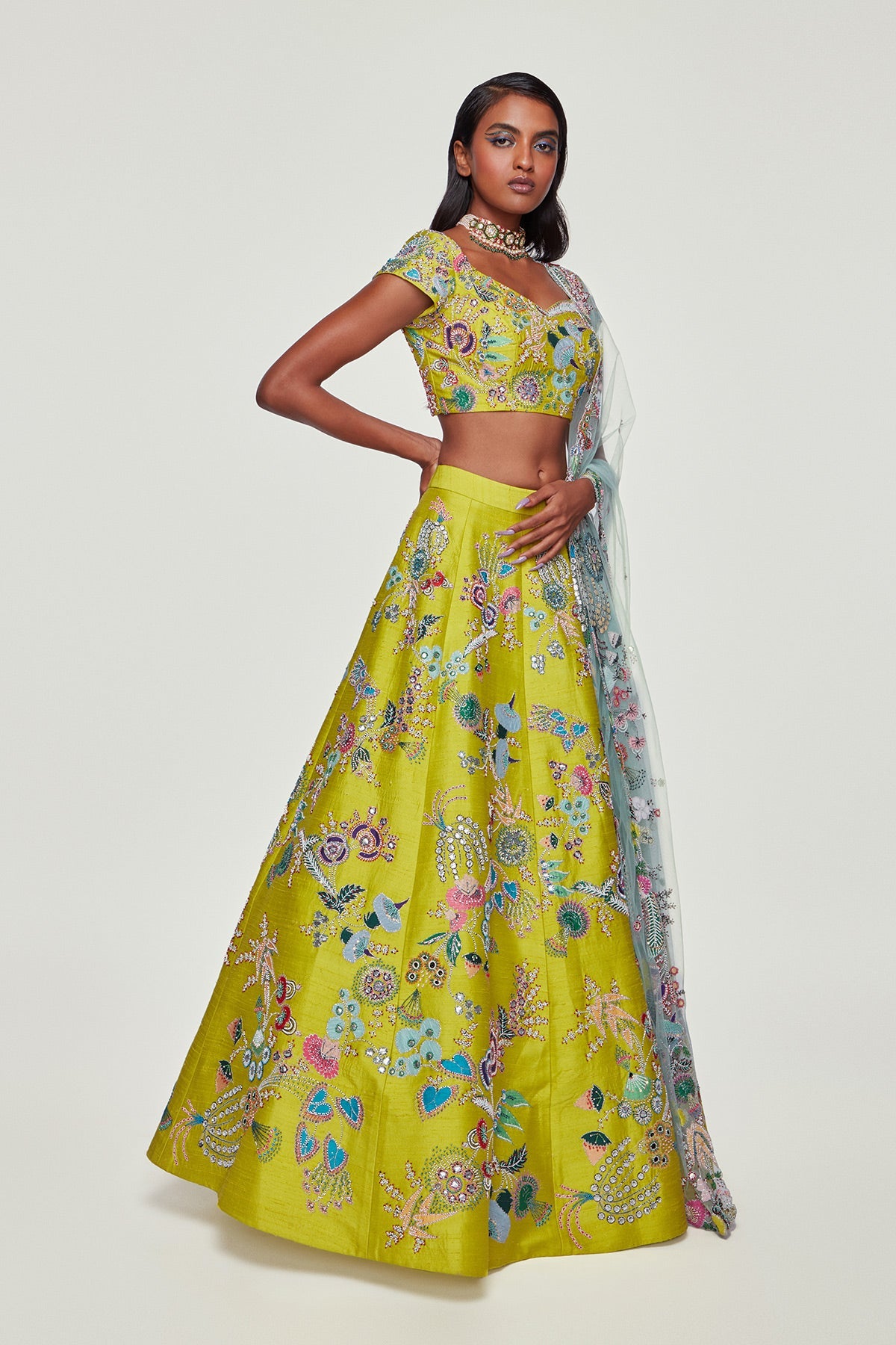 AURORA - Lime Paper Dolls Raw Silk Appliquéd And Embellished Lehenga With Blouse And Cutwork Tulle Dupatta