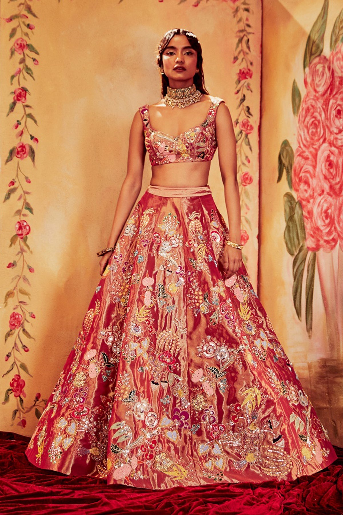 RUBY - Maroon Paper Dolls Tissue Appliquéd And Embellished Lehenga With Blouse And Cutwork Tissue Dupatta