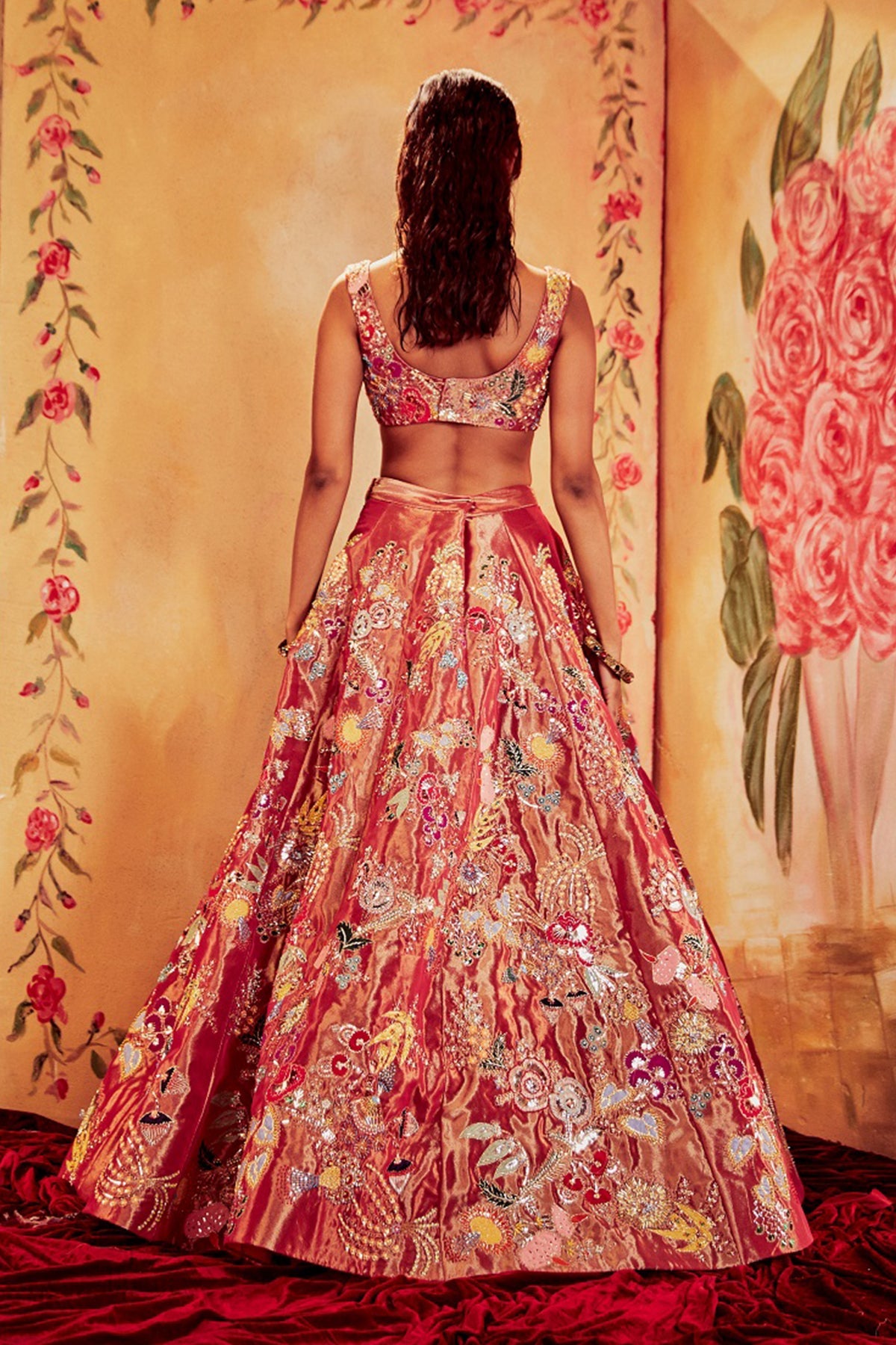RUBY - Maroon Paper Dolls Tissue Appliquéd And Embellished Lehenga With Blouse And Cutwork Tissue Dupatta