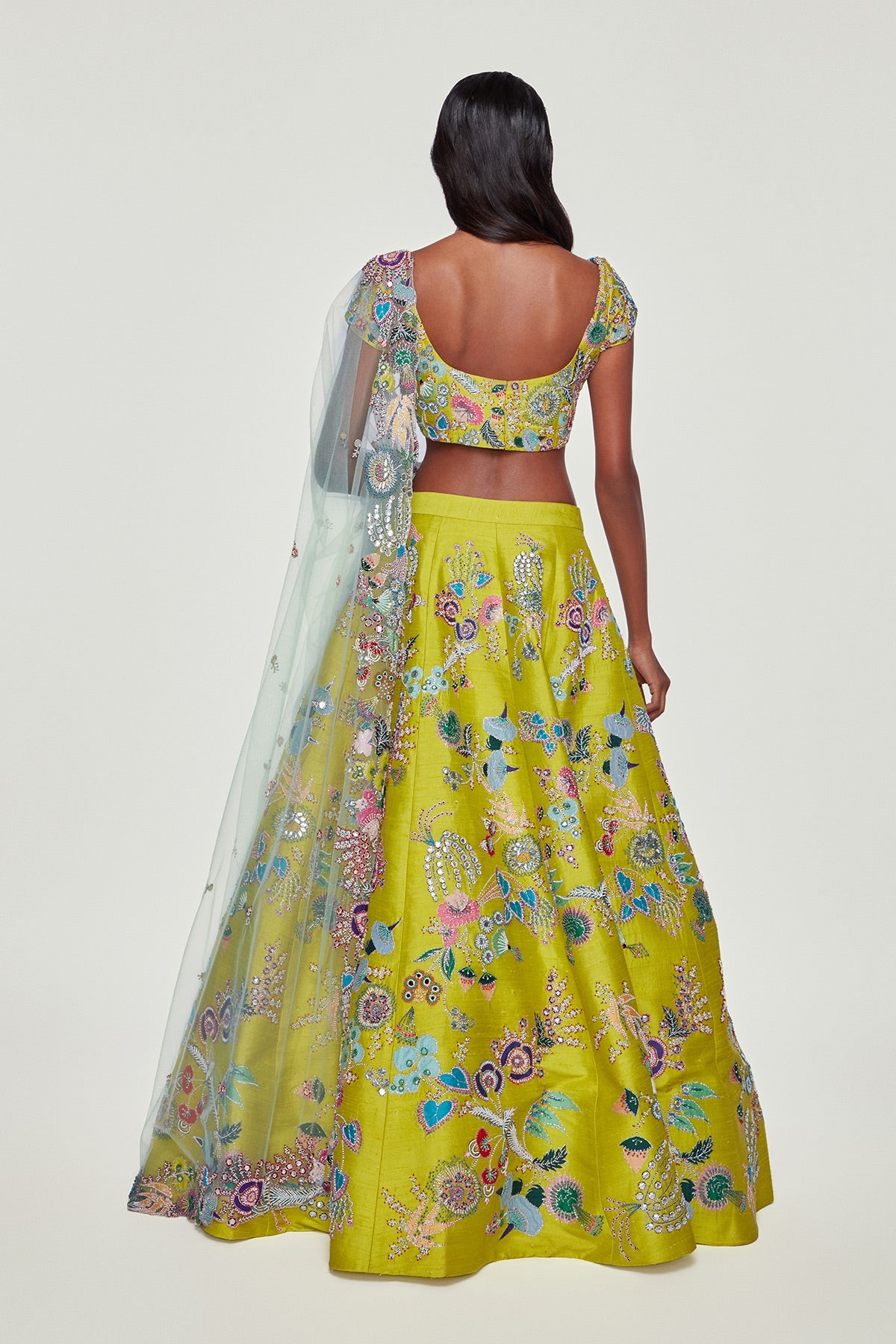 AURORA - Lime Paper Dolls Raw Silk Appliquéd And Embellished Lehenga With Blouse And Cutwork Tulle Dupatta