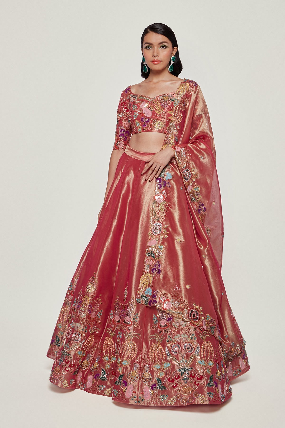 ELARA - Magenta Pink Paper Dolls Tissue Appliquéd And Embellished Lehenga With Blouse And Cutwork Tissue Dupatta