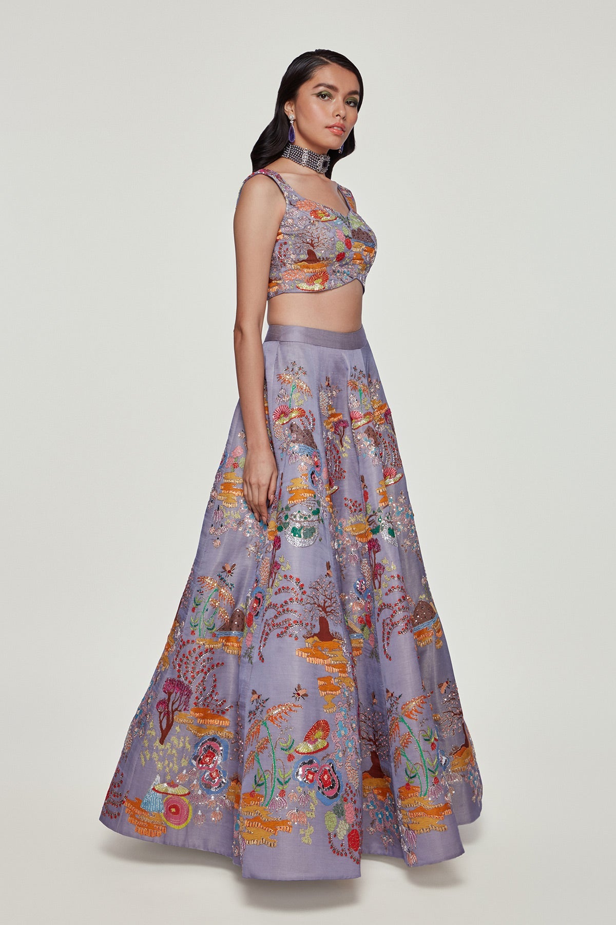 SUMIRE - Lavender Divergence Silk Appliquéd And Embellished Lehenga With Blouse And Cutwork Organza Dupatta