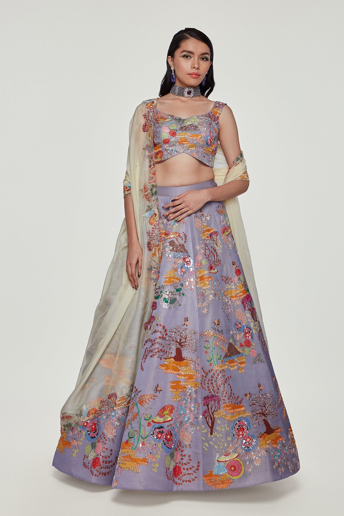SUMIRE - Lavender Divergence Silk Appliquéd And Embellished Lehenga With Blouse And Cutwork Organza Dupatta