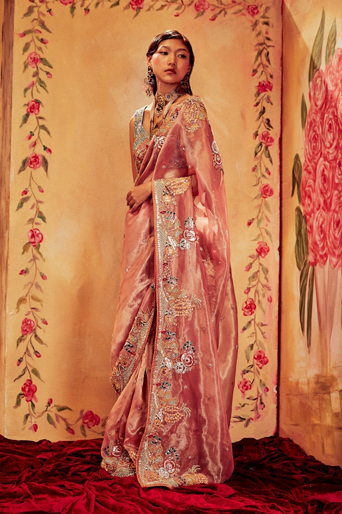 SIENNA - Rose Pink Paper Dolls Tissue Appliquéd And Embellished Saree And Blue Tissue Blouse