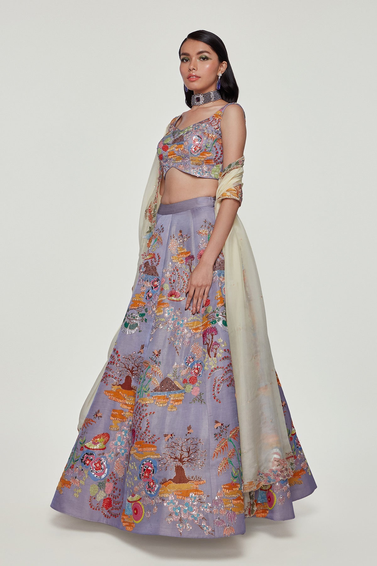 SUMIRE - Lavender Divergence Silk Appliquéd And Embellished Lehenga With Blouse And Cutwork Organza Dupatta