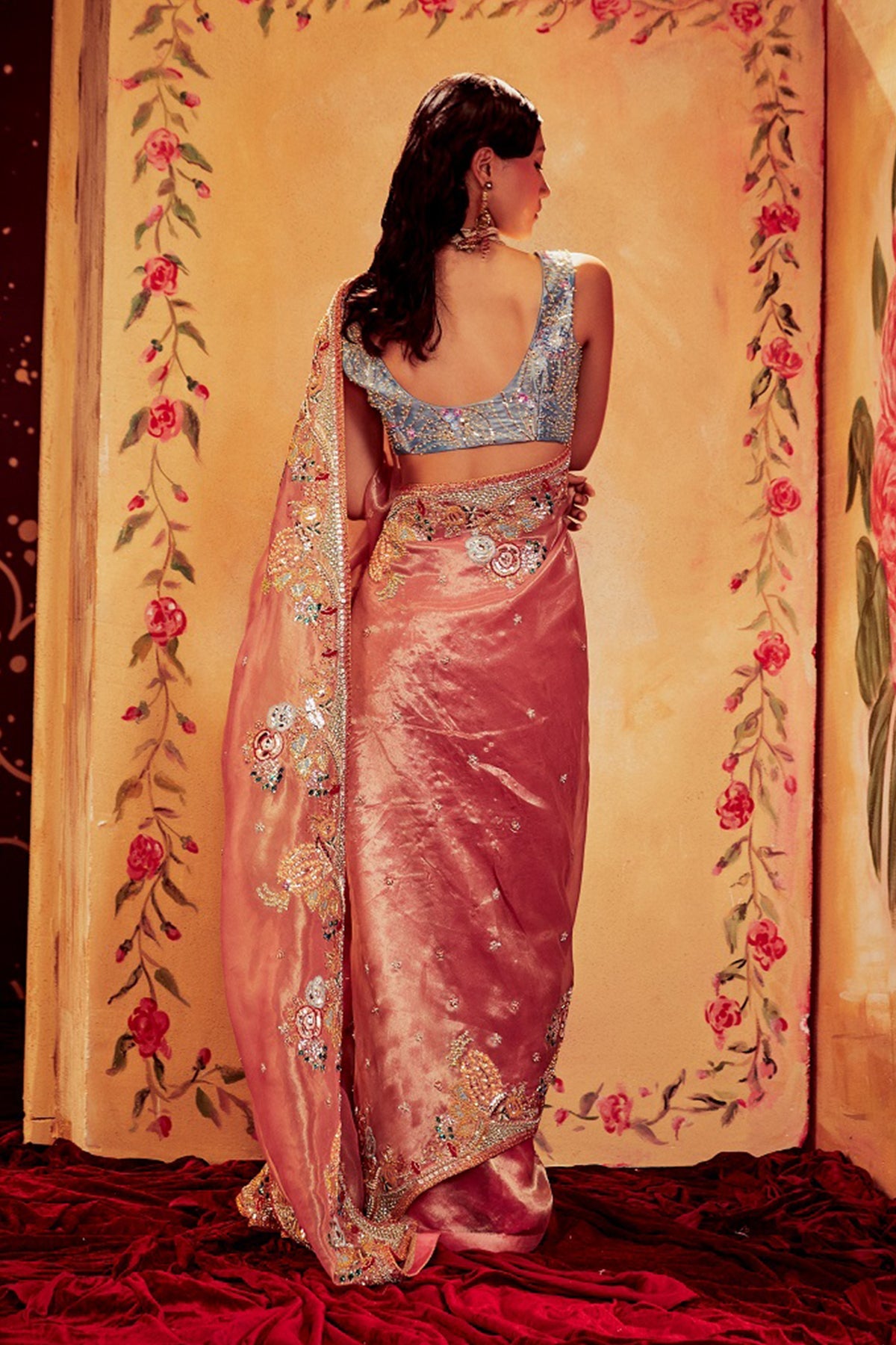 SIENNA - Rose Pink Paper Dolls Tissue Appliquéd And Embellished Saree And Blue Tissue Blouse