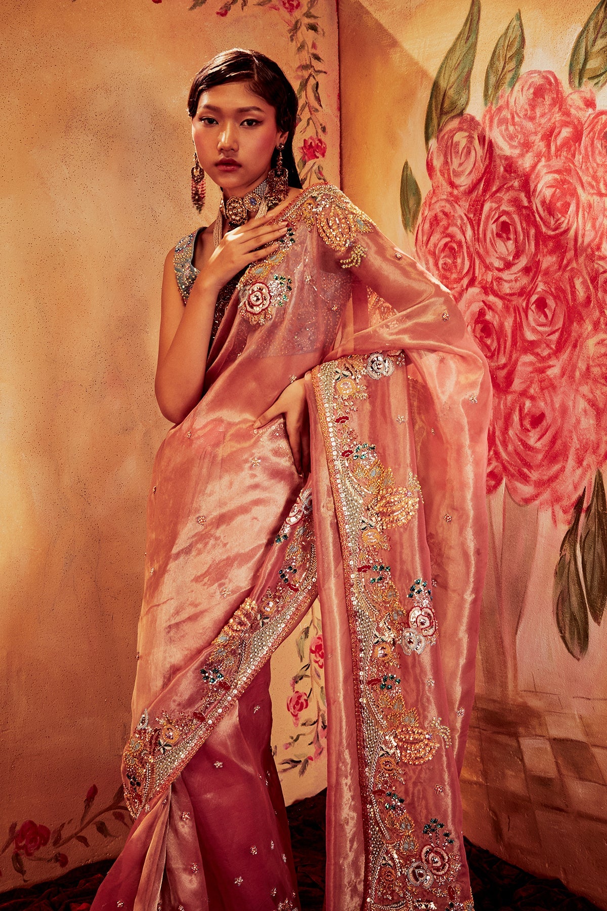 SIENNA - Rose Pink Paper Dolls Tissue Appliquéd And Embellished Saree And Blue Tissue Blouse