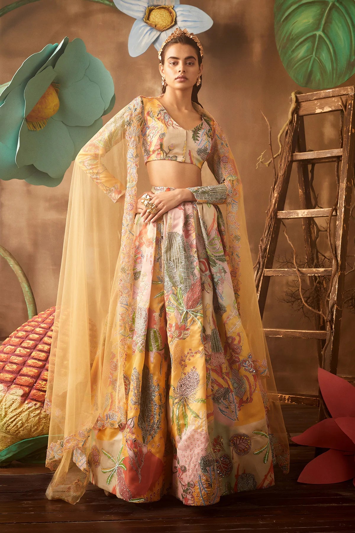 DAFFODIL - Yellow Pastiche Organza Printed And Embellished Top And Skirt With Cutwork Dupatta