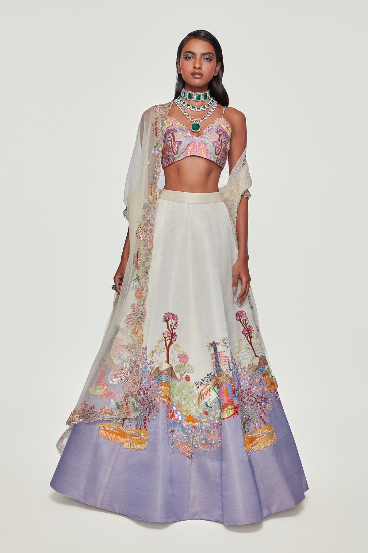 PENELOPE - Ivory And Lavender Divergence Silk Appliquéd And Embellished Lehenga With Blouse And Cutwork Organza Dupatta