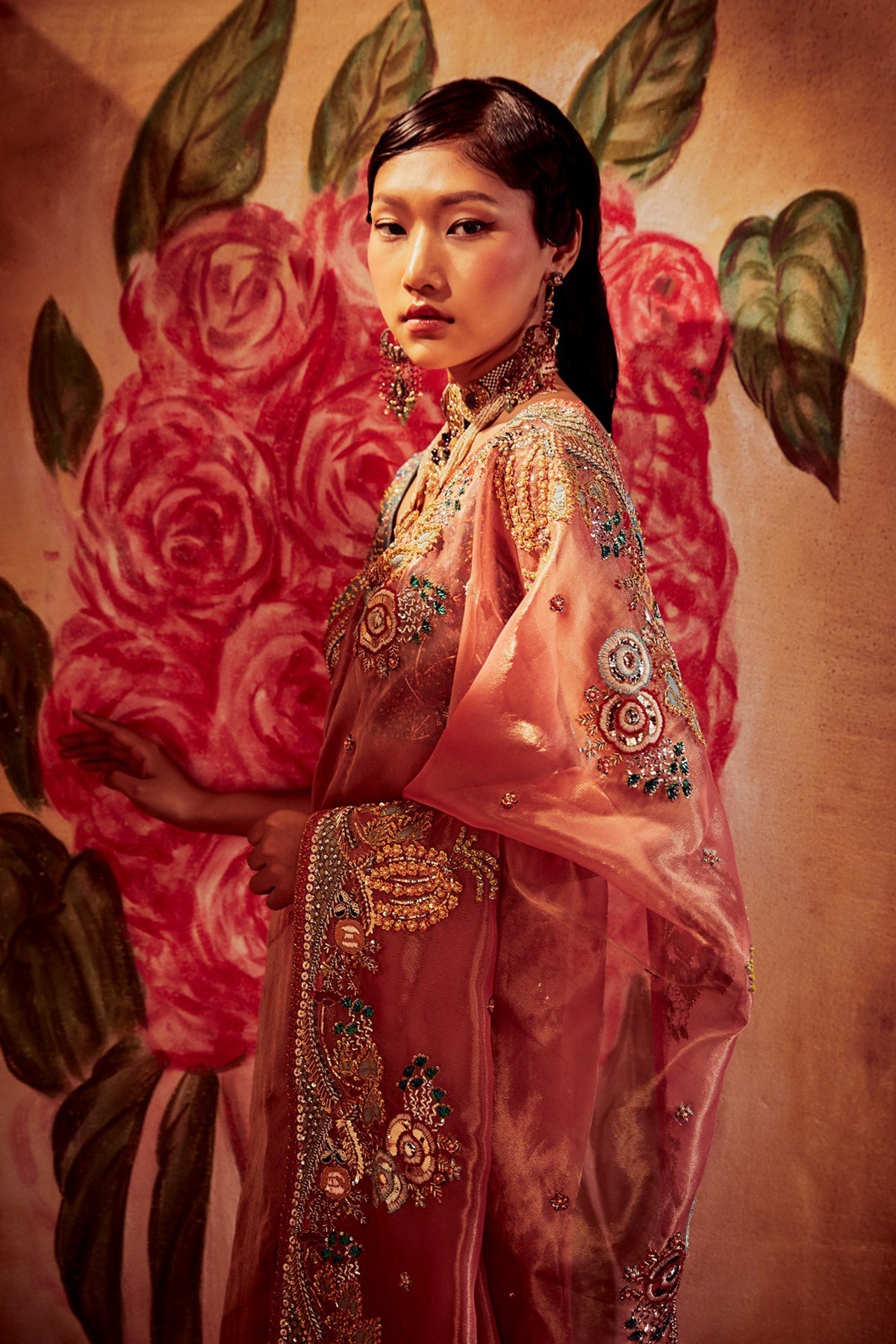 SIENNA - Rose Pink Paper Dolls Tissue Appliquéd And Embellished Saree And Blue Tissue Blouse