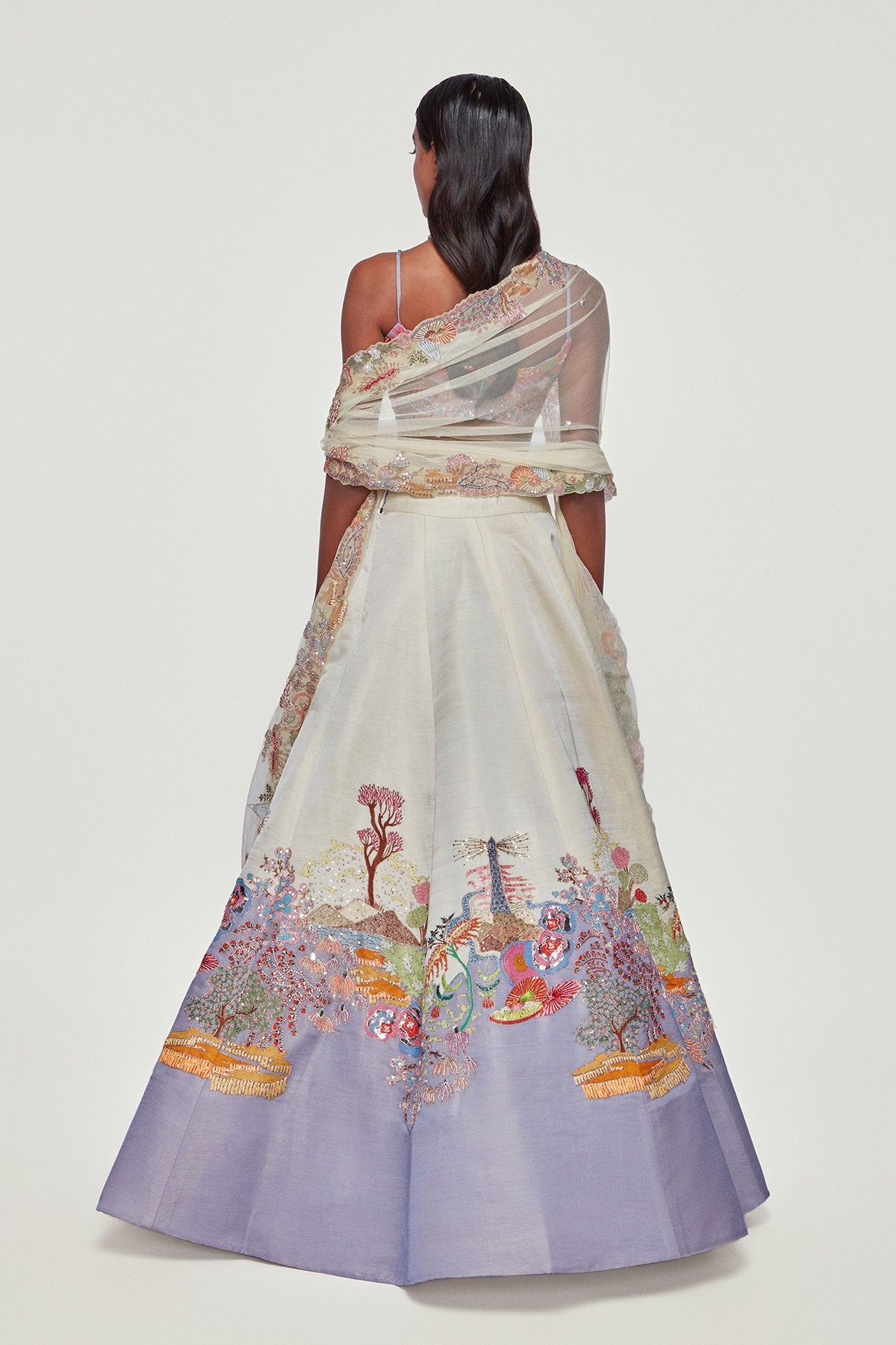 PENELOPE - Ivory And Lavender Divergence Silk Appliquéd And Embellished Lehenga With Blouse And Cutwork Organza Dupatta