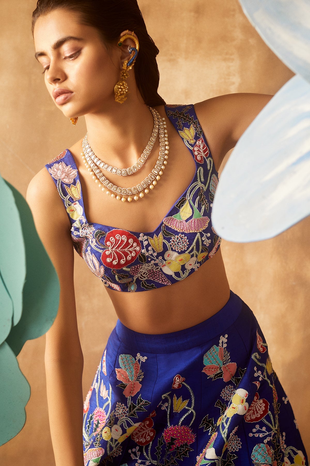 MORNING GLORY - Electric Blue Pastiche Raw Silk Appliquéd And Embellished Lehenga With Blouse And Cutwork Dupatta