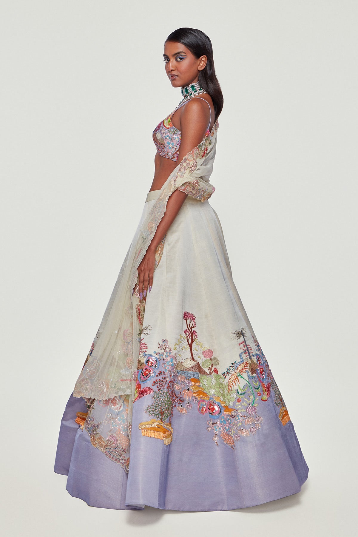 PENELOPE - Ivory And Lavender Divergence Silk Appliquéd And Embellished Lehenga With Blouse And Cutwork Organza Dupatta
