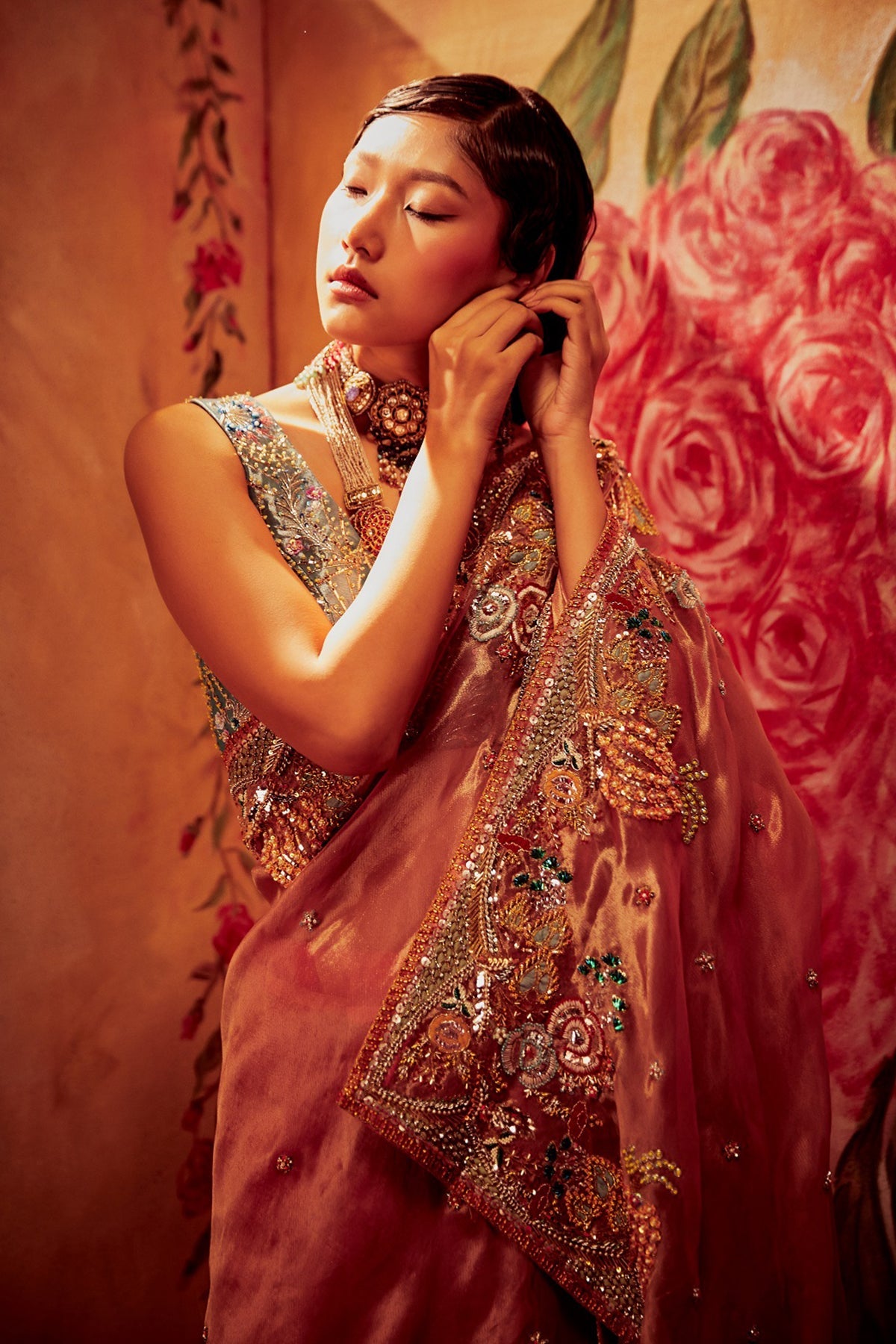 SIENNA - Rose Pink Paper Dolls Tissue Appliquéd And Embellished Saree And Blue Tissue Blouse