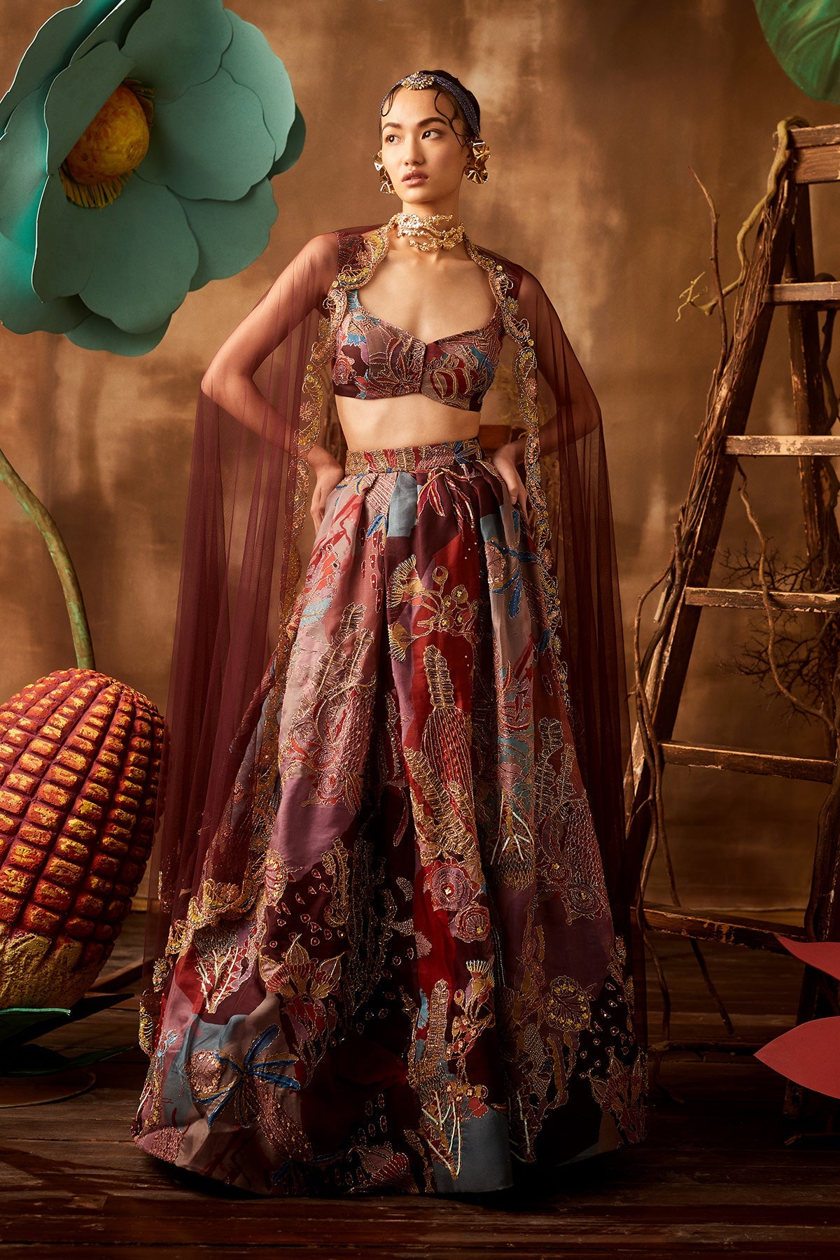 CARNATION - Plum Pastiche Organza Printed And Embellished Top And Skirt With Scallop Dupatta