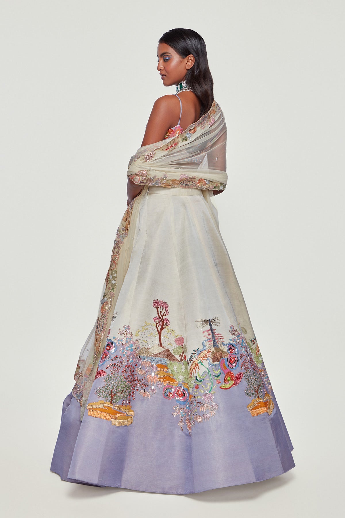 PENELOPE - Ivory And Lavender Divergence Silk Appliquéd And Embellished Lehenga With Blouse And Cutwork Organza Dupatta