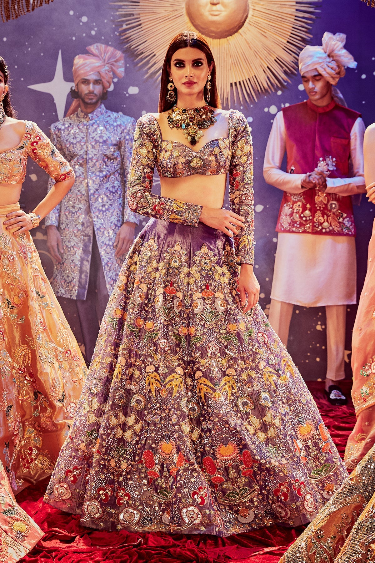 ESTRELLA - Dark Blue Paper Dolls Tissue Appliquéd And Embellished Lehenga With Blouse And Cutwork Tissue Dupatta