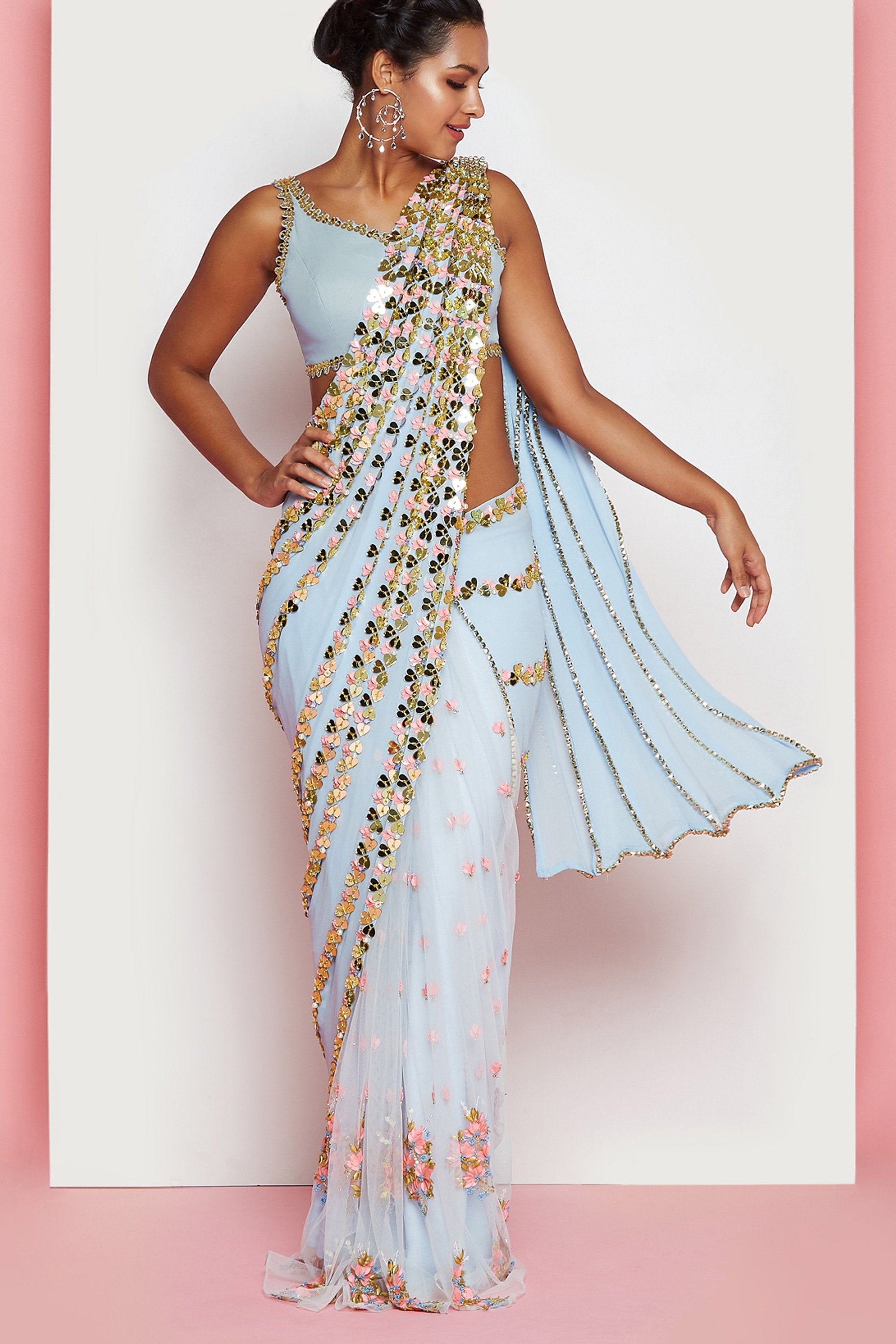 HEART CONFETTI’S - POWDER BLUE EMBELLISHED PRE-STITCHED SAREE SET