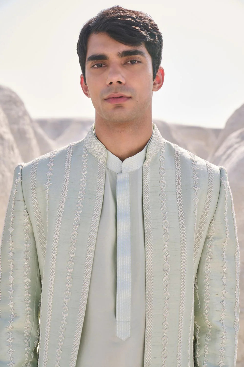 SG Sea Green Pearl Open Sherwani Set