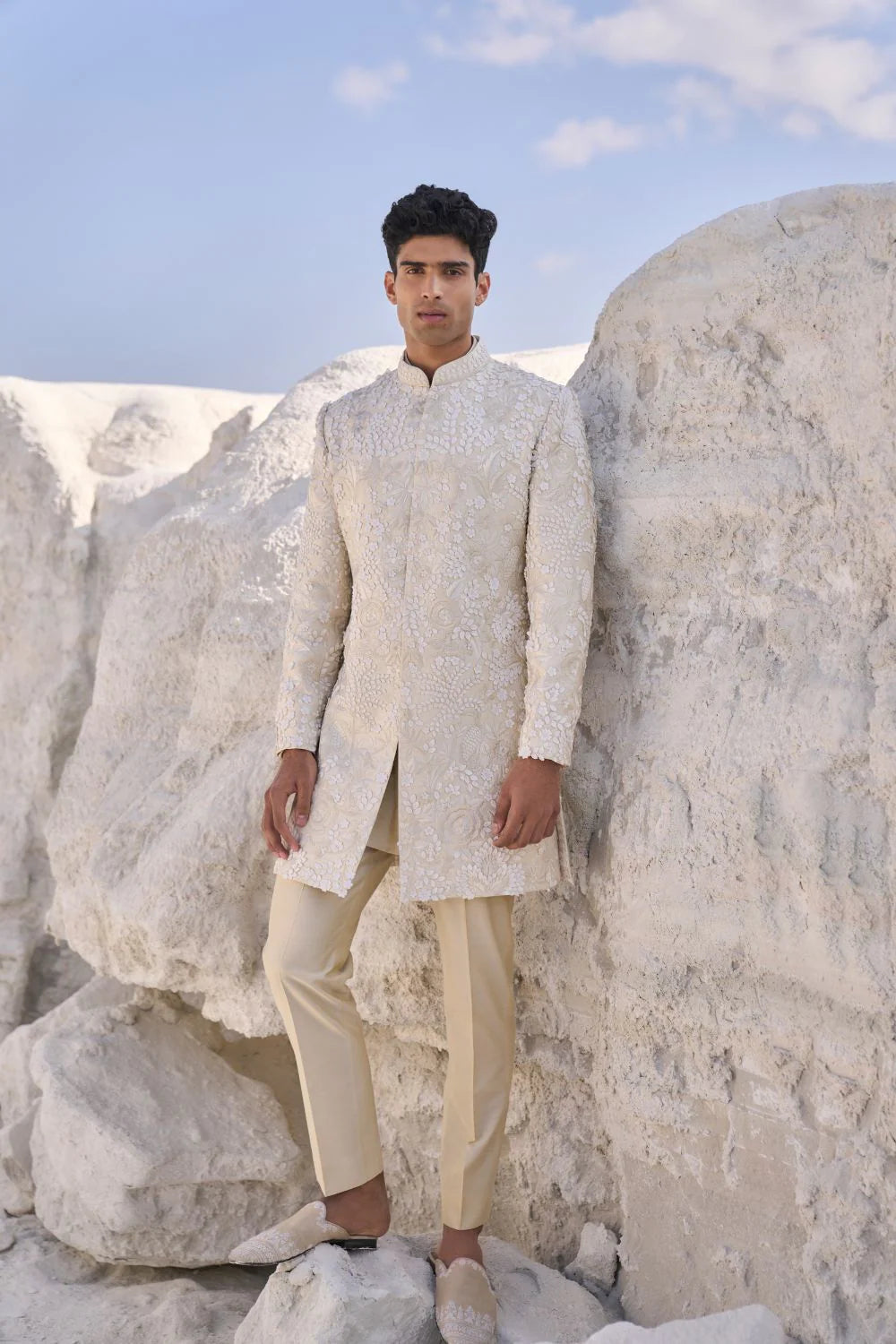 SG Cream Three Dimensional Floral Sherwani Set