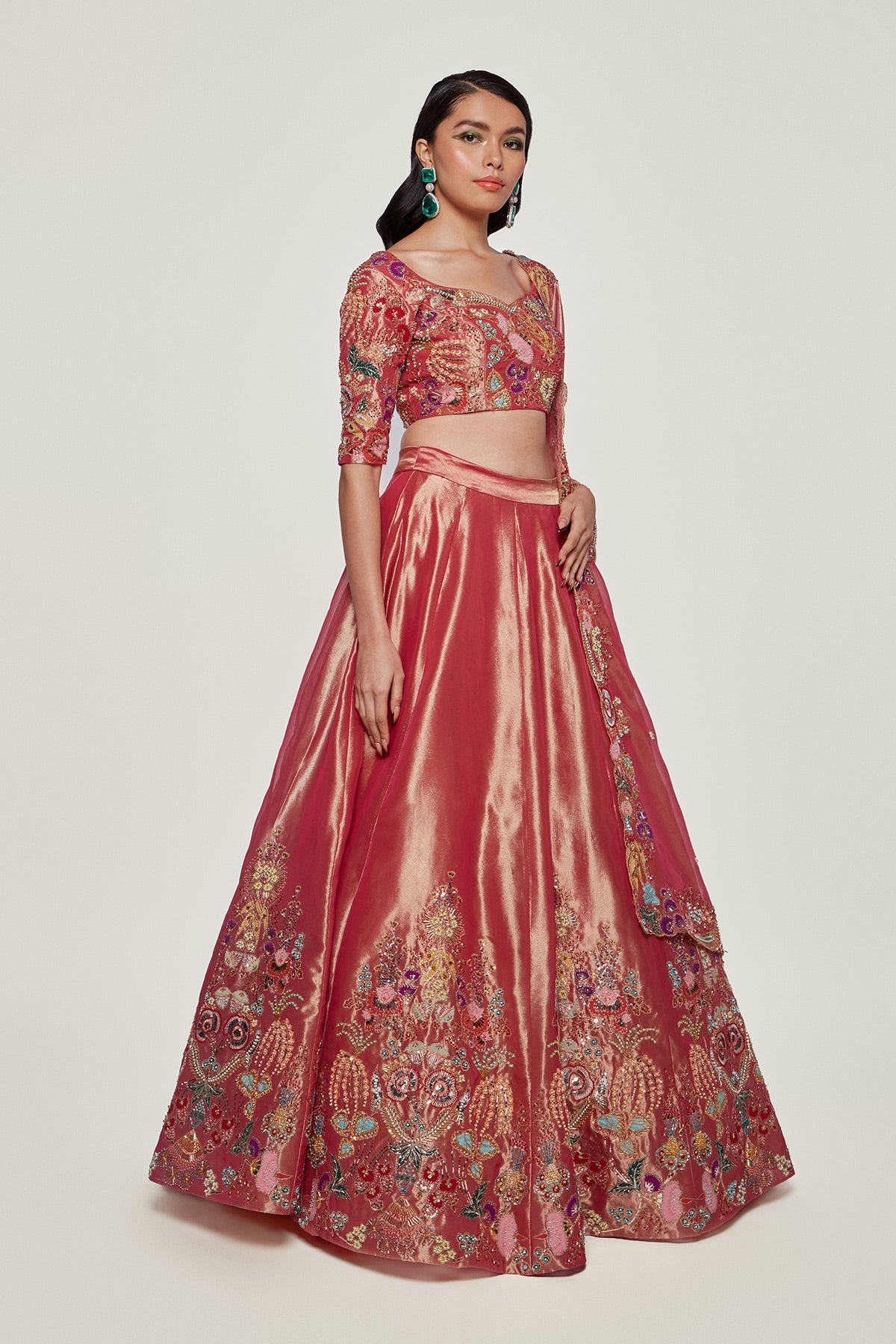 ELARA - Magenta Pink Paper Dolls Tissue Appliquéd And Embellished Lehenga With Blouse And Cutwork Tissue Dupatta