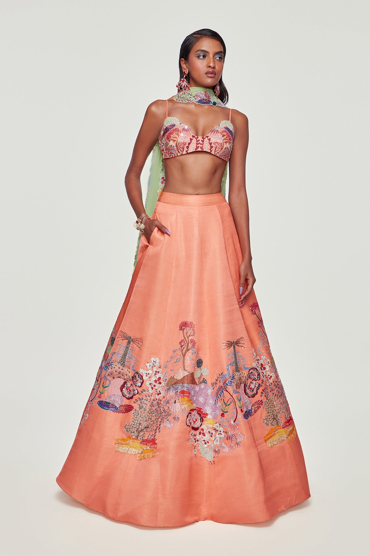 SERAPHINA - Peach Divergence Silk Appliquéd and Embellished Lehenga With Blouse And Cutwork Tulle Dupatta