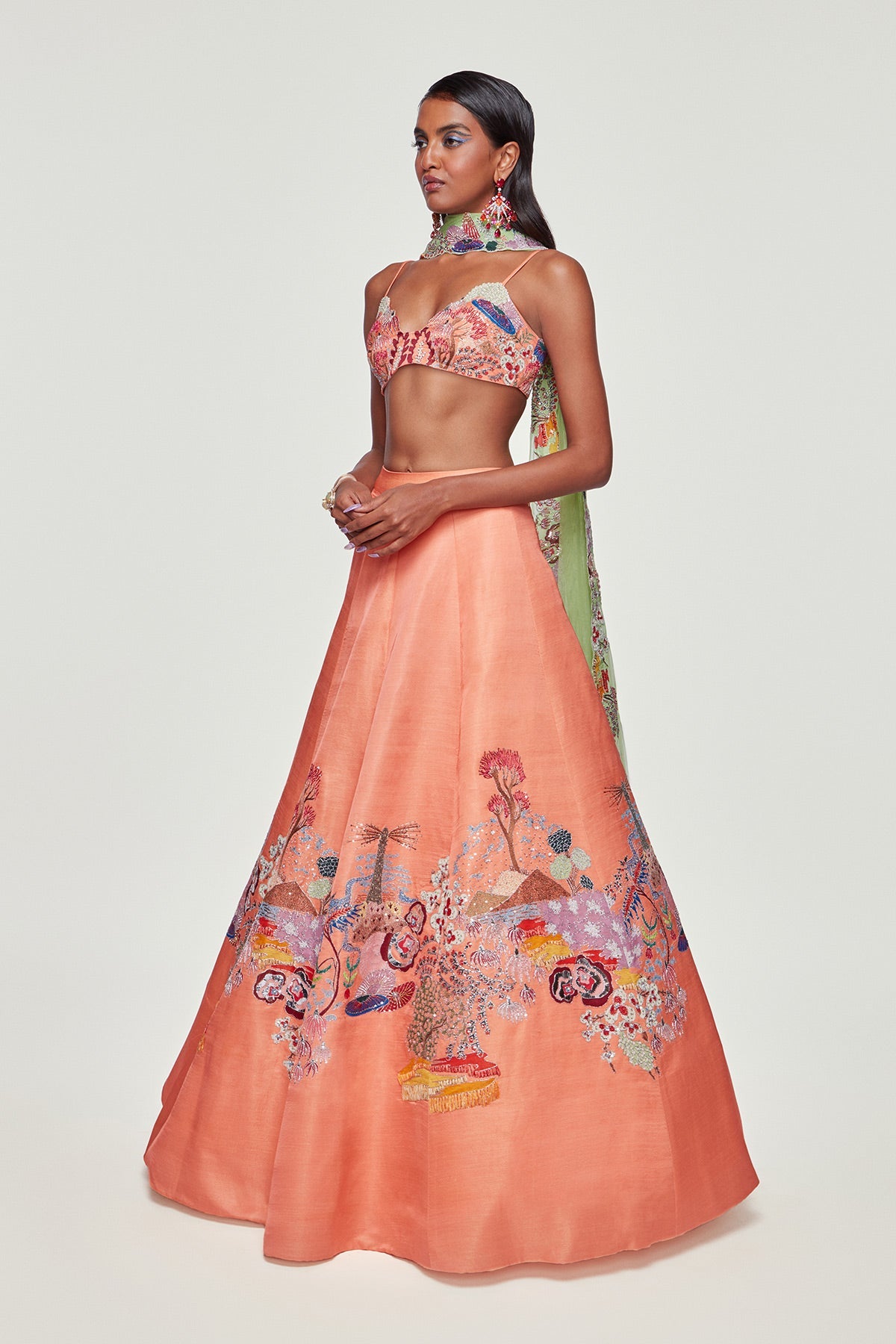 SERAPHINA - Peach Divergence Silk Appliquéd and Embellished Lehenga With Blouse And Cutwork Tulle Dupatta