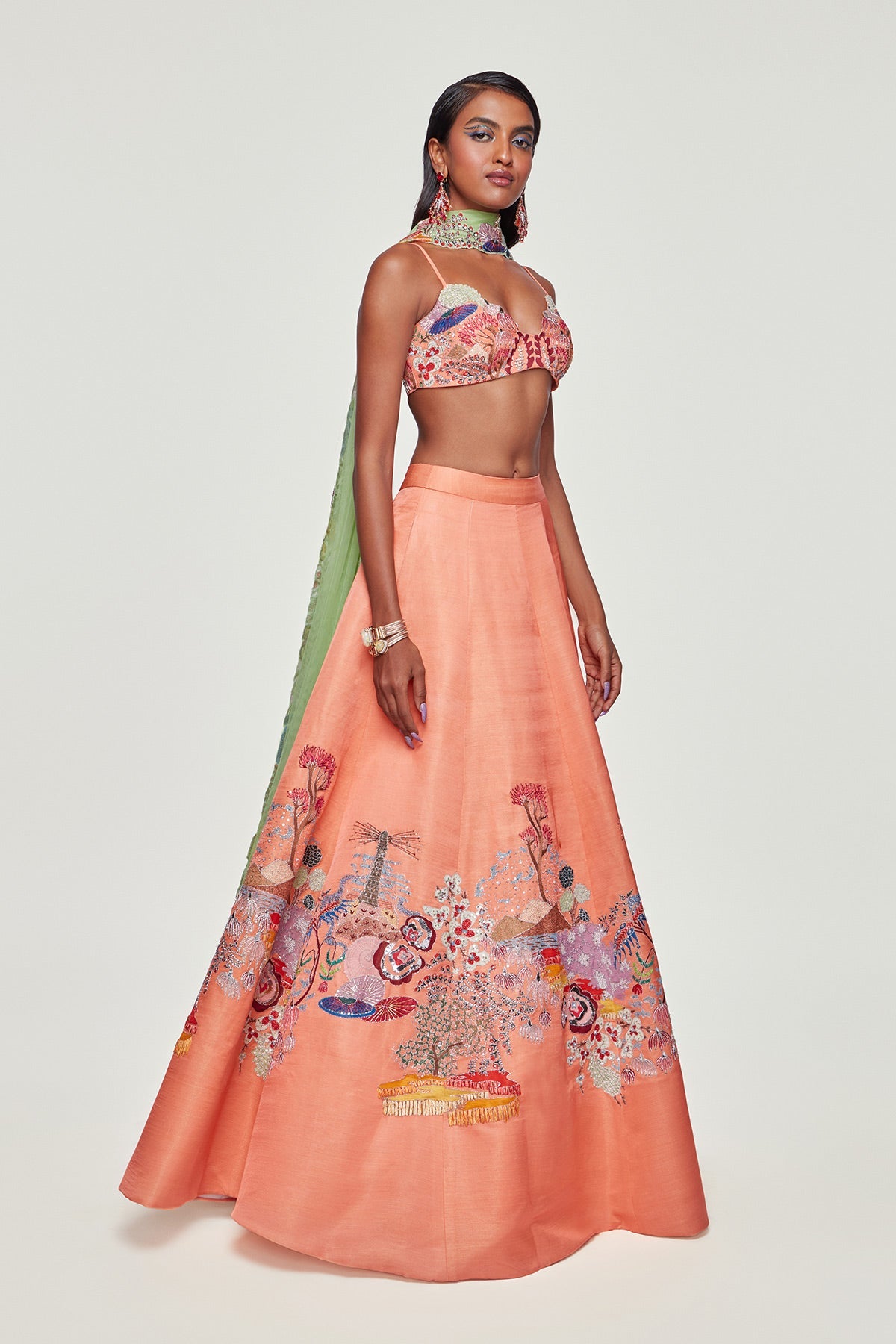 SERAPHINA - Peach Divergence Silk Appliquéd and Embellished Lehenga With Blouse And Cutwork Tulle Dupatta