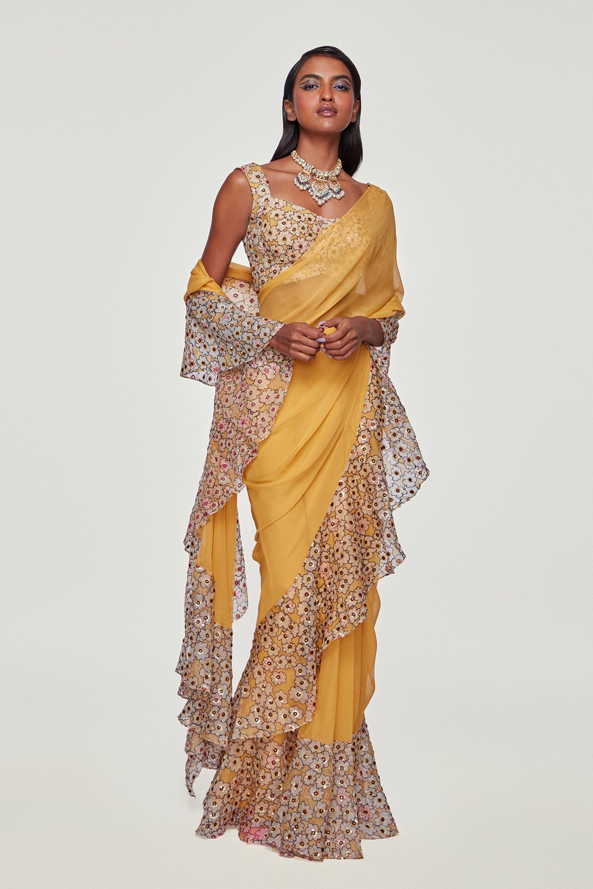 MAIZE - Yellow Divergence Organza Printed and Embellished Ruffle Saree And Blouse.