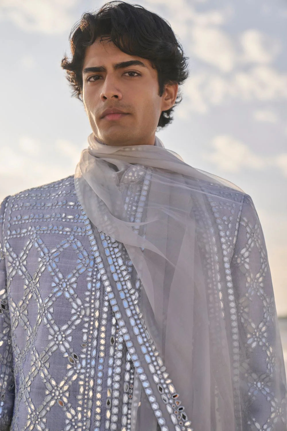 SG Metallic Grey Mirror Work Sherwani Set