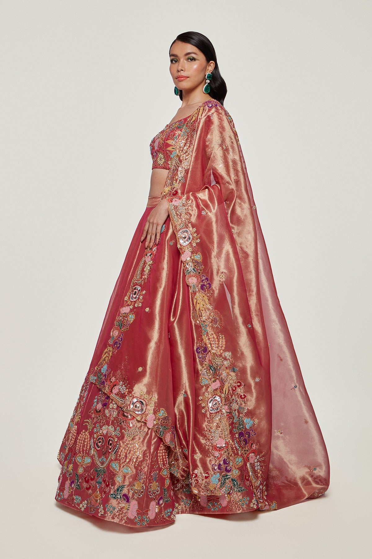 ELARA - Magenta Pink Paper Dolls Tissue Appliquéd And Embellished Lehenga With Blouse And Cutwork Tissue Dupatta