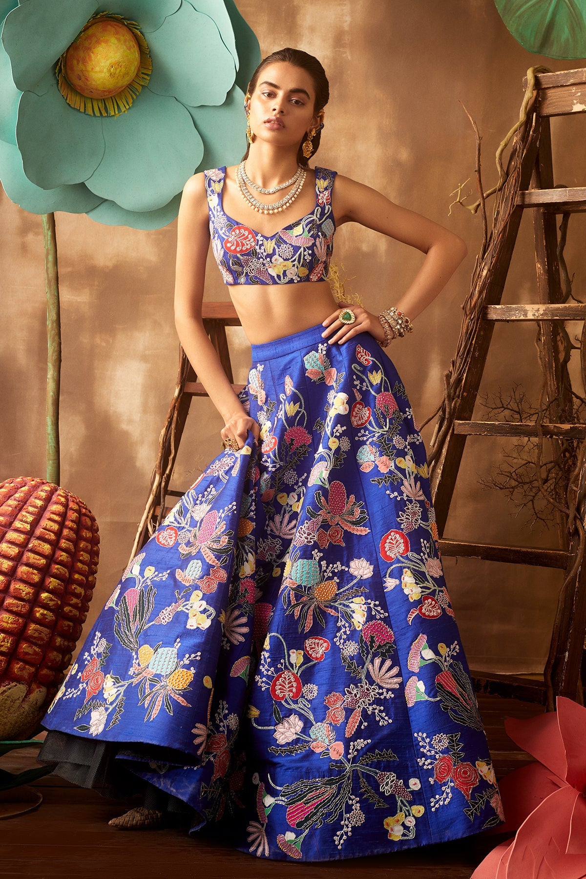 MORNING GLORY - Electric Blue Pastiche Raw Silk Appliquéd And Embellished Lehenga With Blouse And Cutwork Dupatta
