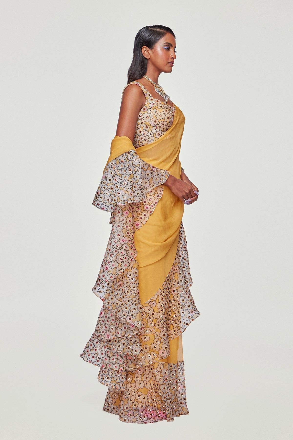MAIZE - Yellow Divergence Organza Printed and Embellished Ruffle Saree And Blouse.